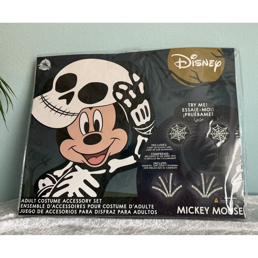 New Disney Mickey Mouse Light Up Skeleton Costume Accessory Set Gloves Headband